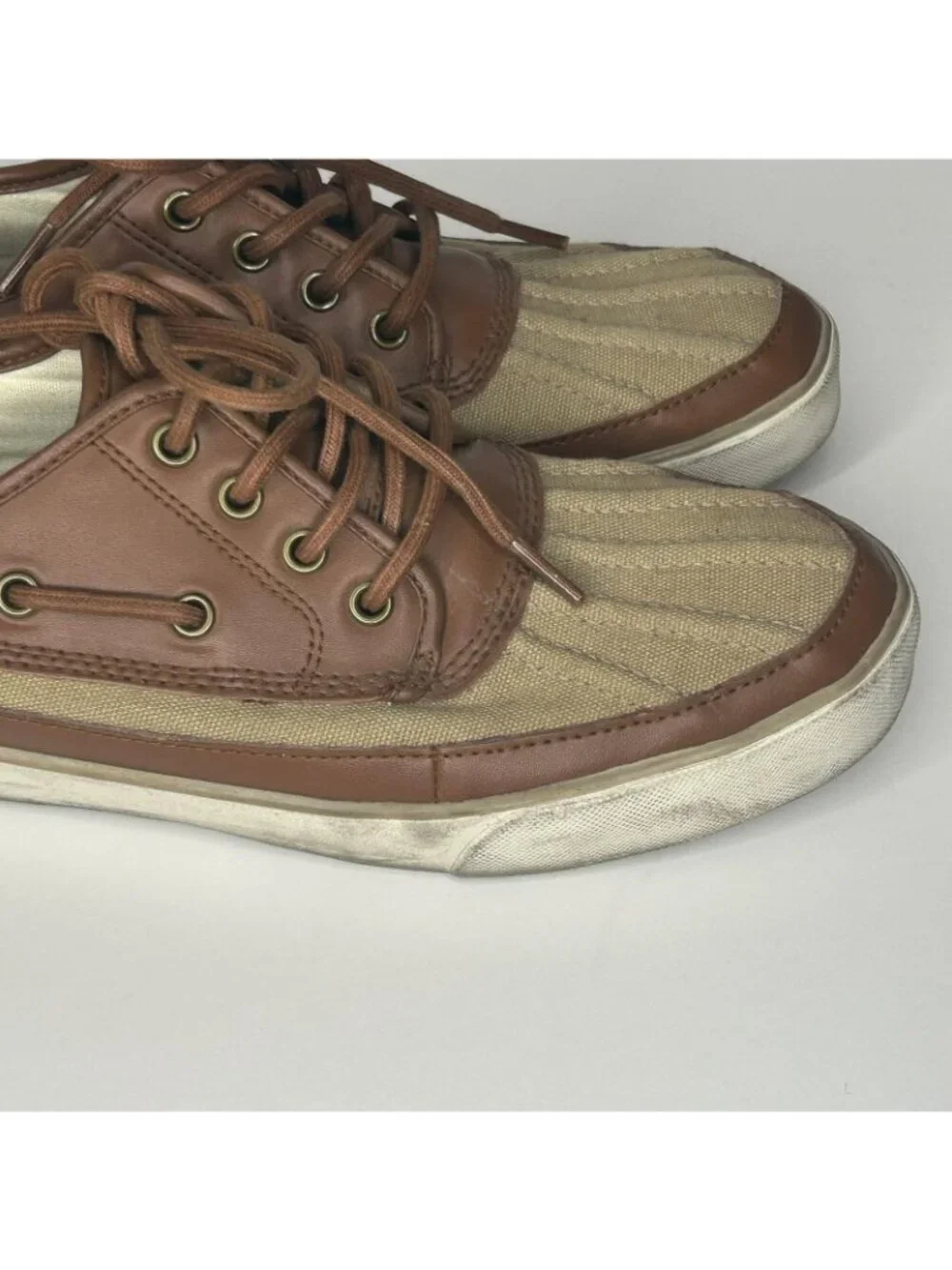 Polo Ralph Lauren Boat Shoes Mens Size 9 Brown Canvas Leather Parkstone Low